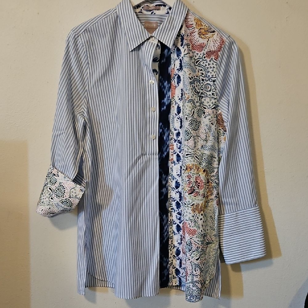 Chico's Blue & White Striped Button-Down with Floral Panel
